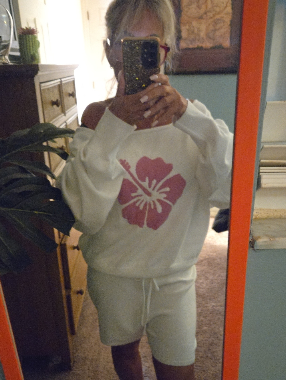 White Sweater Set Pink Hibiscus New